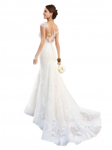 Cap Sleeves White Mermaid Illusion Neck Wedding Dress Lincoln