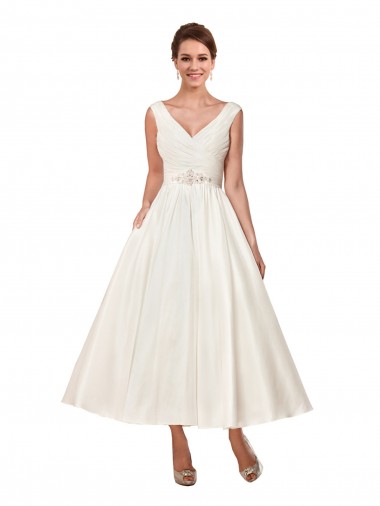 Sleeveless Ivory A-Line Satin V-Neck Wedding Dress Lincoln