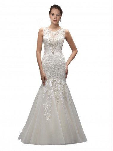 Sleeveless Ivory Mermaid Tulle & Lace Illusion Neck Long Wedding Dress Lincoln