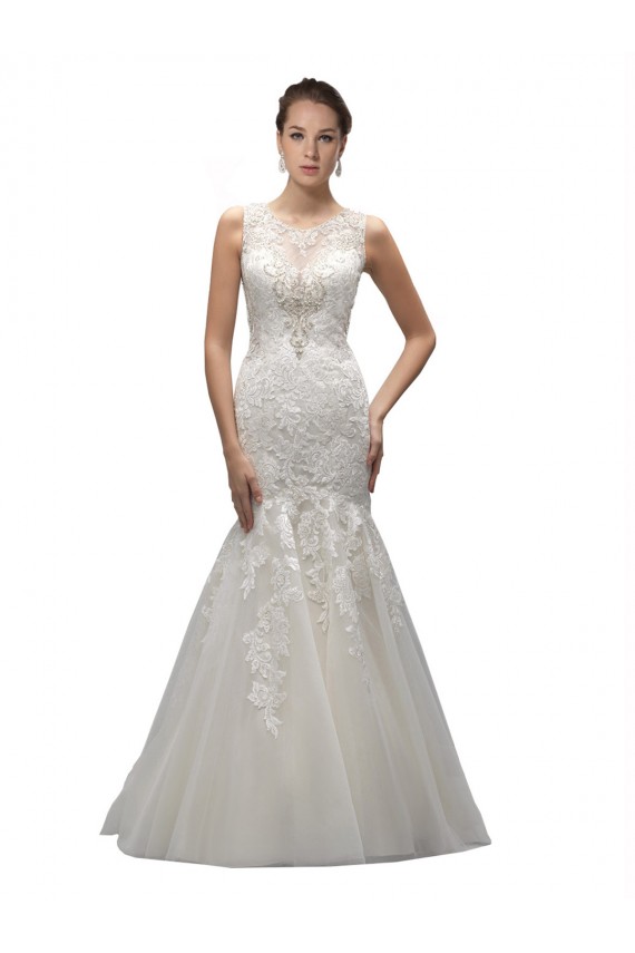 Sleeveless Ivory Mermaid Tulle & Lace Illusion Neck Long Wedding Dress Lincoln
