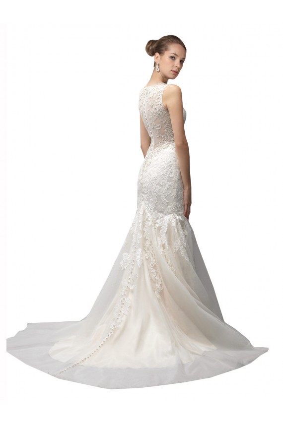 Sleeveless Ivory Mermaid Tulle & Lace Illusion Neck Long Wedding Dress Lincoln