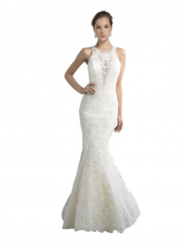 Sleeveless Ivory Mermaid Illusion Neck Beach Wedding Dress Lincoln
