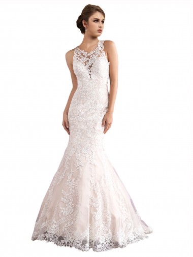 Sleeveless Ivory & Champagne Mermaid Tulle & Lace Illusion Neck Wedding Dress Lincoln