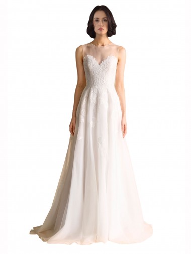Sleeveless Ivory A-Line Tulle Illusion Neck Long Wedding Dress Lincoln