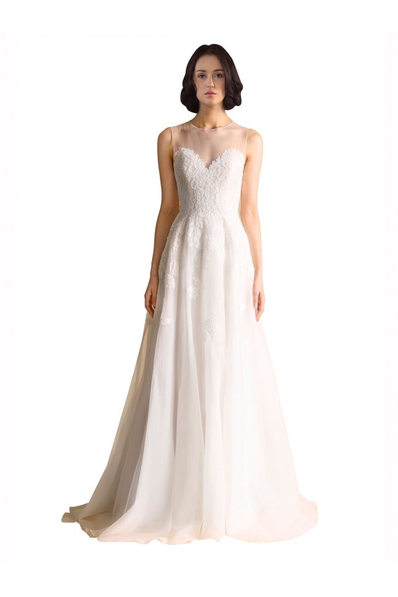 Sleeveless Ivory A-Line Tulle Illusion Neck Long Wedding Dress Lincoln