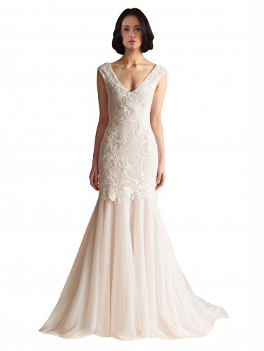 Sleeveless Ivory & Champagne Low Back Mermaid V-Neck Wedding Dress Lincoln