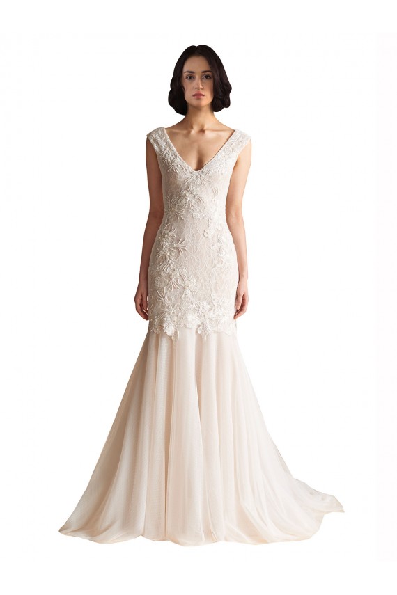 Sleeveless Ivory & Champagne Low Back Mermaid V-Neck Wedding Dress Lincoln