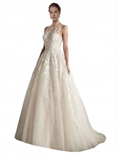 Sleeveless Ivory & Champagne A-Line Illusion Neck Wedding Dress Lincoln