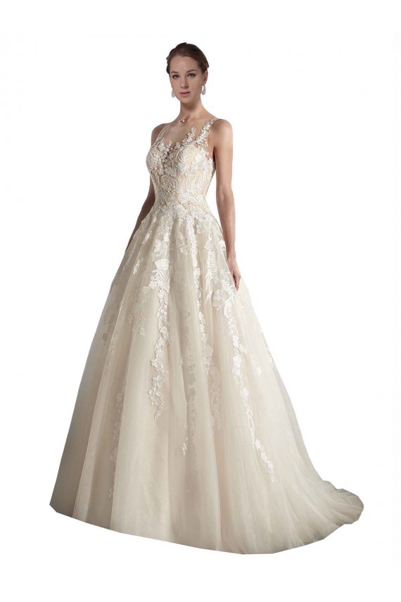 Sleeveless Ivory & Champagne A-Line Illusion Neck Wedding Dress Lincoln
