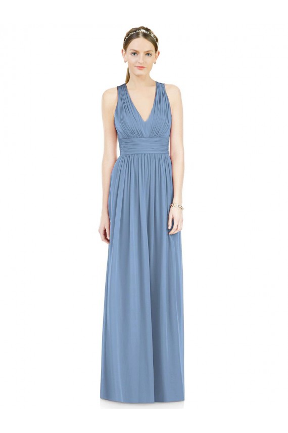 Sleeveless Dusty Blue A-Line V-Neck Bridesmaid Gowns Lincoln