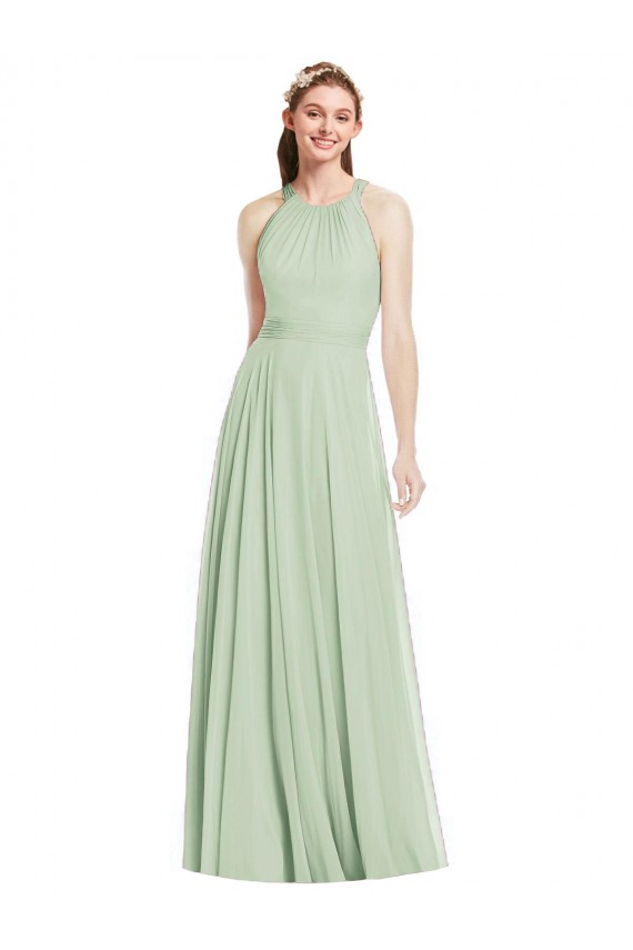 Sleeveless Sage A-Line Halter Neck Bridesmaid Dress / Evening Dress Lincoln