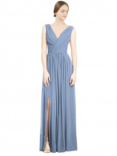 Sleeveless Dusty Blue A-Line V-Neck Semi Formal Evening Dress / Bridesmaid Dress Lincoln