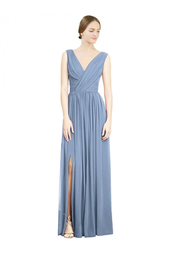 Sleeveless Dusty Blue A-Line V-Neck Semi Formal Evening Dress / Bridesmaid Dress Lincoln