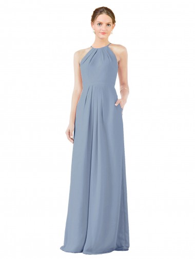 Sleeveless Dusty Blue Keyhole Back Sheath Halter Neck Bridesmaid Dress Lincoln