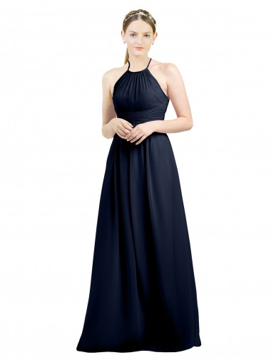Sleeveless Dark Navy Open Back A-Line Halter Neck Evening Gowns / Bridesmaid Dress Lincoln