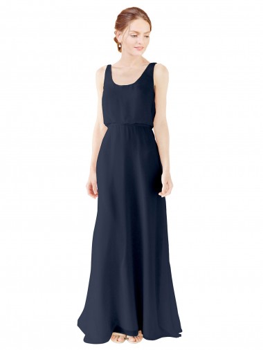 Sleeveless Dark Navy Open Back A-Line Scoop Neck Bridesmaid Dress Lincoln