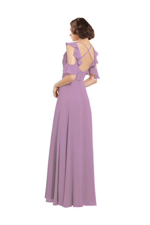 Cold Shoulder Dark Lavender Criss Cross Back A-Line High Neck Bridesmaid Dresses Lincoln
