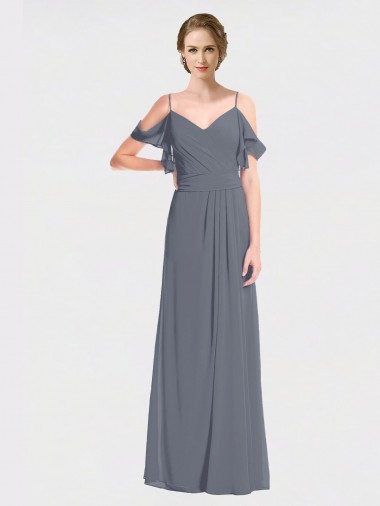 Flutter Sleeves Slate Grey V-Back A-Line Off the Shoulder Bridesmaid Dress Lincoln