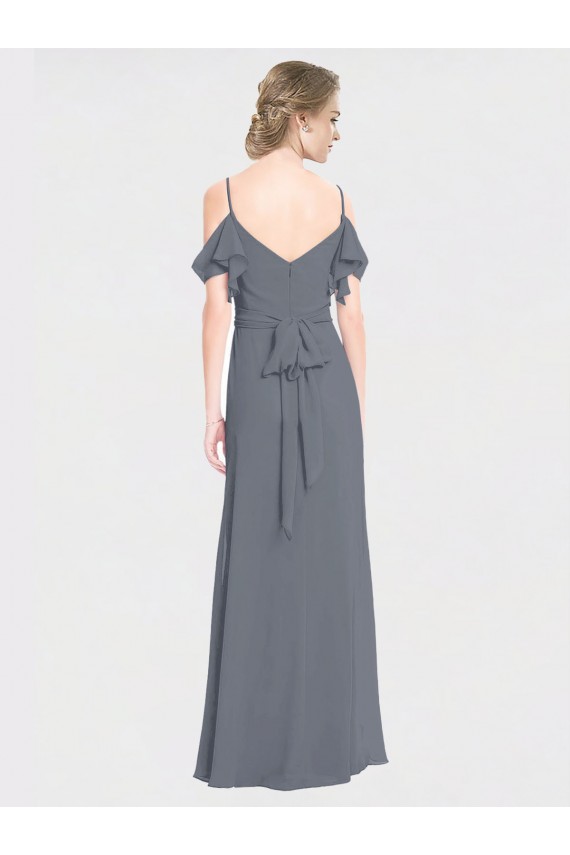 Flutter Sleeves Slate Grey V-Back A-Line Off the Shoulder Bridesmaid Dress Lincoln