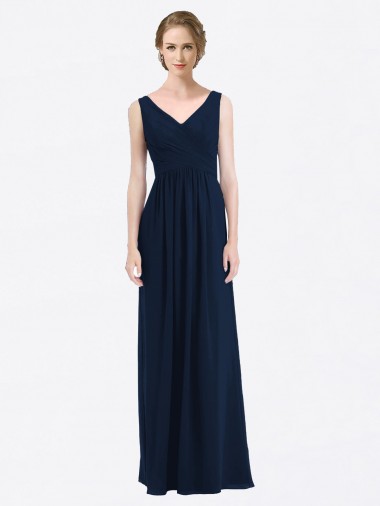 Sleeveless Dark Navy Low Back A-Line V-Neck Evening Gowns / Bridesmaid Dress Lincoln