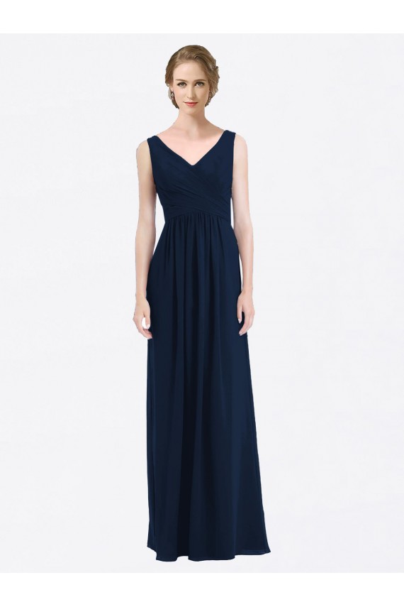 Sleeveless Dark Navy Low Back A-Line V-Neck Evening Gowns / Bridesmaid Dress Lincoln