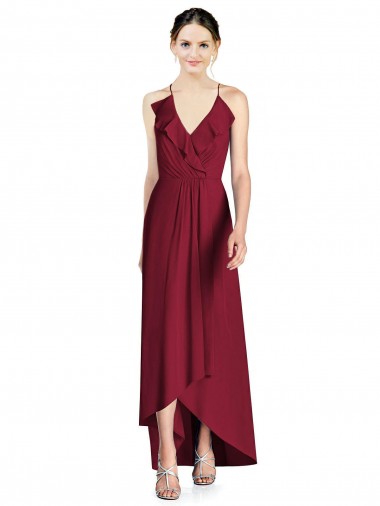 Sleeveless Burgundy Open Back A-Line Spaghetti Straps High Low Bridesmaid Dress Lincoln