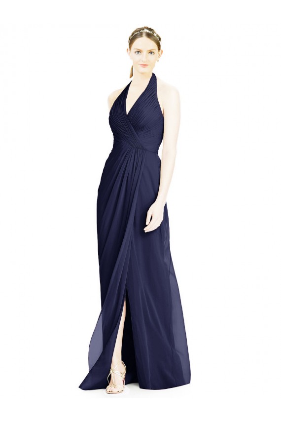 Sleeveless Dark Navy Open Back A-Line Halter Neck Formal Dress / Bridesmaid Dress Lincoln