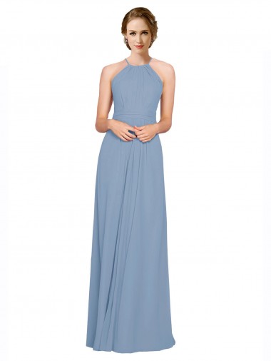 Sleeveless Dusty Blue Criss Cross Open Back A-Line Halter Neck Bridesmaid Dress / Evening Dress Lincoln
