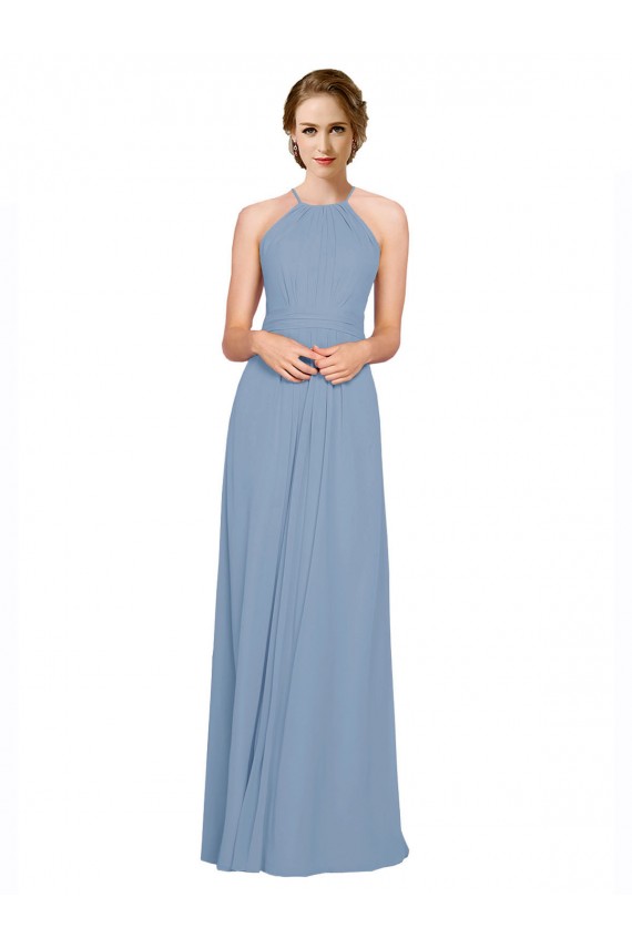 Sleeveless Dusty Blue Criss Cross Open Back A-Line Halter Neck Bridesmaid Dress / Evening Dress Lincoln