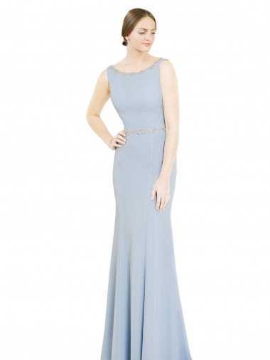 Sleeveless Light Sky Blue Low Back A-Line Boat Neck Bridesmaid Dress Lincoln