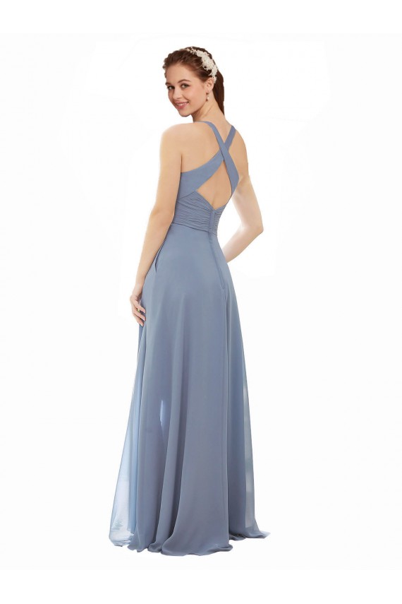 Sleeveless Dusty Blue A-Line Halter Neck Evening Dress / Bridal Party Dress Lincoln