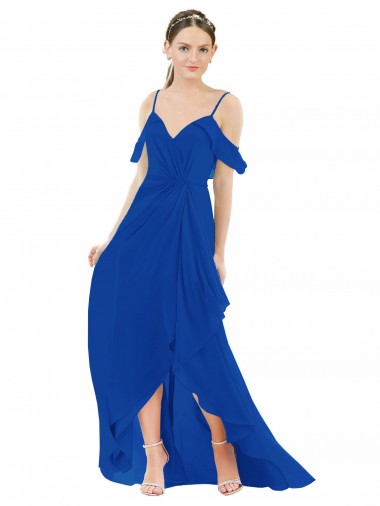 Cold Shoulder Royal Blue A-Line V-Neck High Low Bridesmaid Dress Lincoln