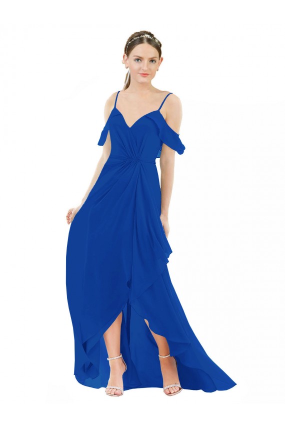 Cold Shoulder Royal Blue A-Line V-Neck High Low Bridesmaid Dress Lincoln