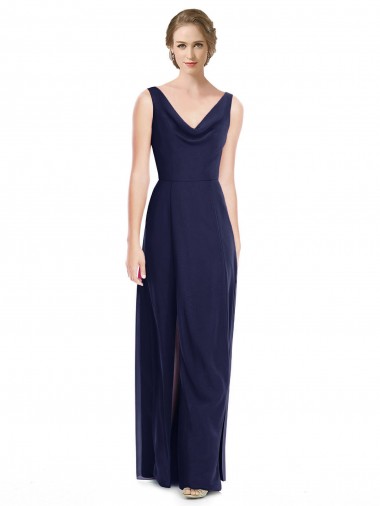Sleeveless Dark Navy V-Back A-Line Cowl Neck Bridesmaid Dress Lincoln