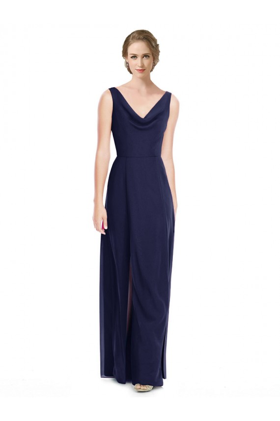 Sleeveless Dark Navy V-Back A-Line Cowl Neck Bridesmaid Dress Lincoln