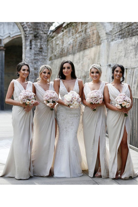 Sleeveless Champagne Low Back A-Line V-Neck Bridesmaid Dress Lincoln