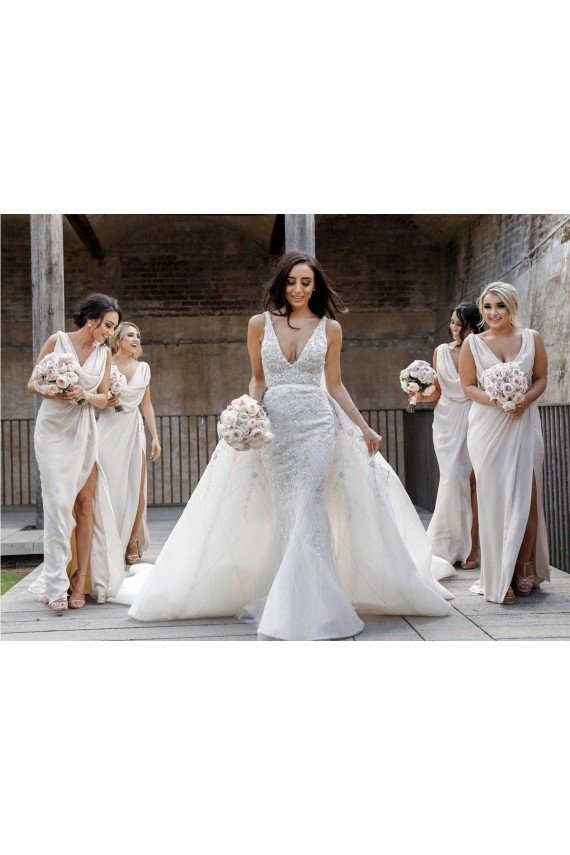 Sleeveless Champagne Low Back A-Line V-Neck Bridesmaid Dress Lincoln