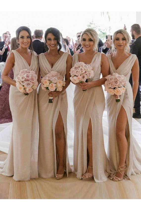 Sleeveless Champagne Low Back A-Line V-Neck Bridesmaid Dress Lincoln