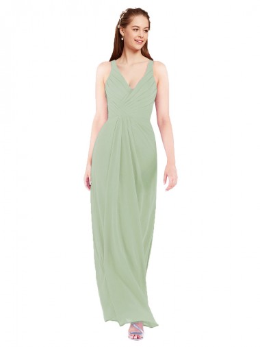 Sleeveless Smoke Green Keyhole Back Sheath V-Neck Bridesmaid Dress Lincoln