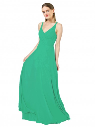 Sleeveless Emerald Green Criss Cross Back Sheath V-Neck Bridesmaid Dress Lincoln