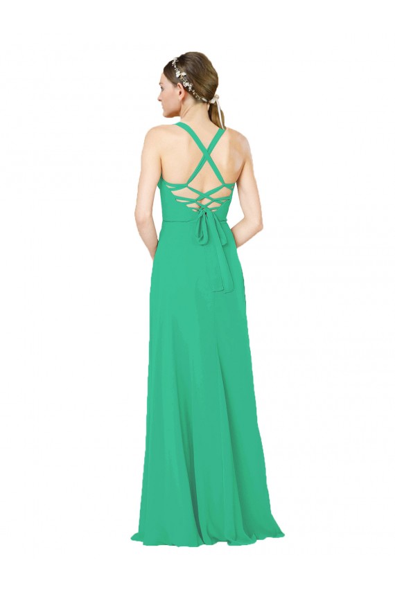 Sleeveless Emerald Green Criss Cross Back Sheath V-Neck Bridesmaid Dress Lincoln