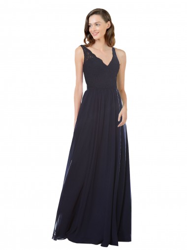 Sleeveless Dark Navy Keyhole Back A-Line V-Neck Bridesmaid Dress Lincoln
