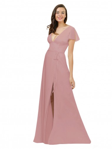 Flutter Sleeves Dusty Pink V-Back A-Line V-Neck Bridesmaid Dress / Evening Dress Lincoln