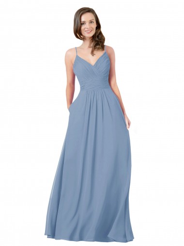 Sleeveless Dusty Blue Criss Cross Back A-Line V-Neck Bridesmaid Dress / Evening Dress Lincoln