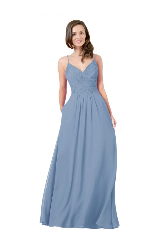 Sleeveless Dusty Blue Criss Cross Back A-Line V-Neck Bridesmaid Dress / Evening Dress Lincoln