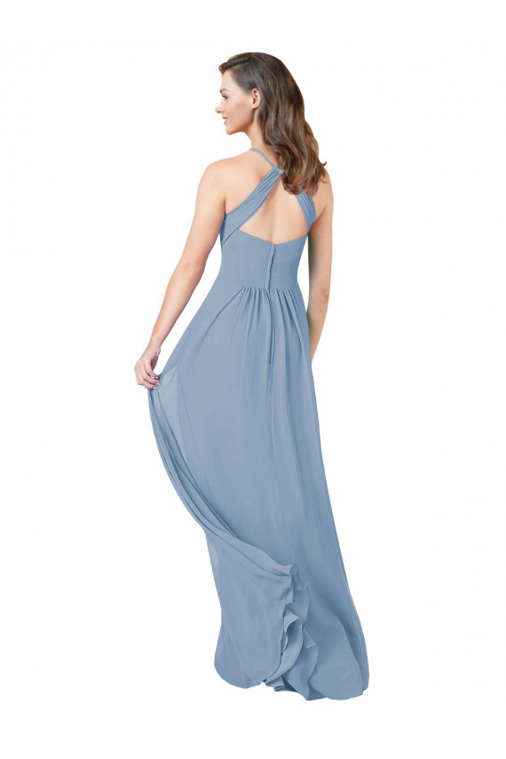 Sleeveless Dusty Blue Keyhole Back A-Line Halter Bridesmaid Gowns Lincoln