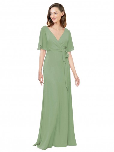 Short Flutter Sleeves Seagrass A-Line V-Neck Bridesmaid Dress Lincoln