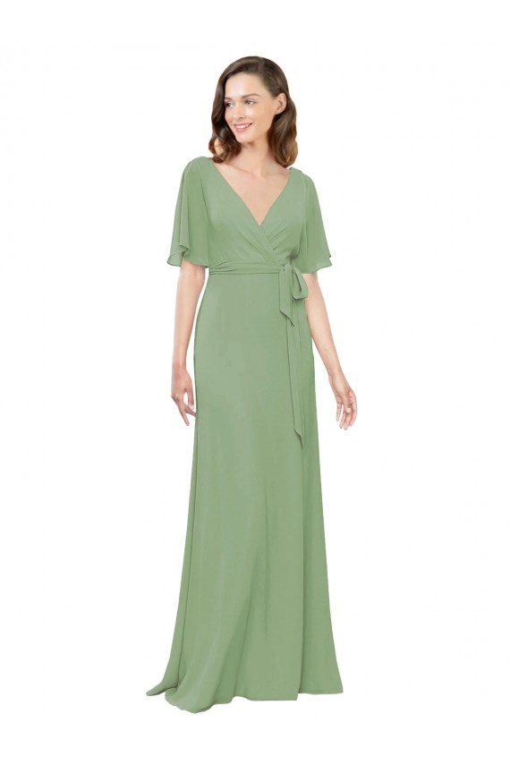 Short Flutter Sleeves Seagrass A-Line V-Neck Bridesmaid Dress Lincoln
