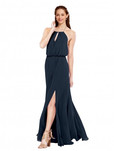 Sleeveless Dark Navy Criss Cross Open Back A-Line Halter Neck Bridesmaid Dress / Evening Dress Lincoln