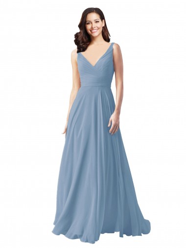 Sleeveless Dusty Blue A-Line V-Neck Wedding Party Dress Lincoln
